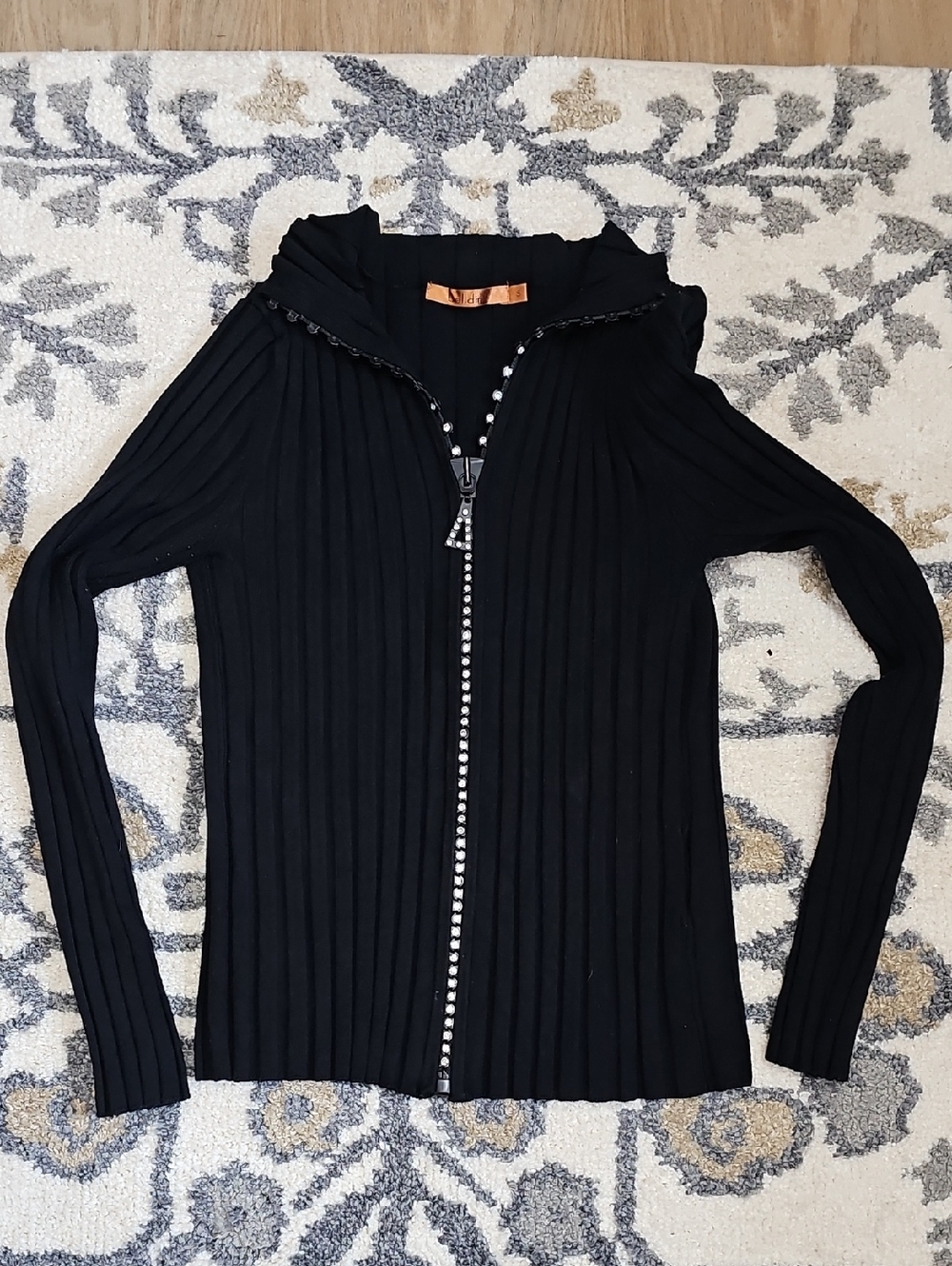 Belldini Black Ribbed Sweater Cardigan with Rhinestone Zipper.